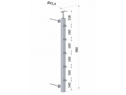 Nerezový sloup na francouzský balkón, boční kotvení, 5 řadový, levý, vrch pevný, (40x40x2.0 mm), broušená nerez K320 /AISI304