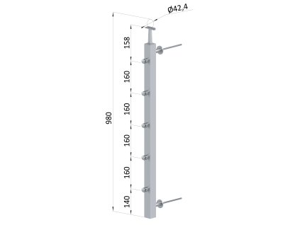 Nerezový sloup na francouzský balkón, boční kotvení, 5 řadový, pravý, vrch pevný, (40x40x2.0 mm), broušená nerez K320 /AISI304