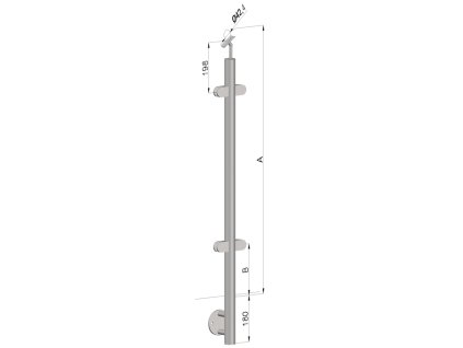 nerezový stĺp, bočné kotvenie, výplň: sklo, priechodný, vrch nastaviteľný (ø 42.4x2mm), brúsená nerez K320 /AISI316 (Rozmer A 930, Rozmer B 290)