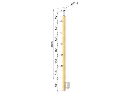 drevený stĺp, bočné kotvenie, 5 radový, priechodný, vonkajší, vrch pevný (ø 42mm), materiál: buk, brúsený povrch s náterom BORI (bezfarebný) (Rozmer A 930, Rozmer B 290)