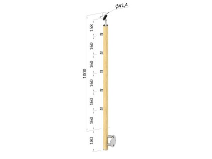 drevený stĺp, bočné kotvenie, 5 radový, priechodný, vonkajší, vrch nastaviteľný (ø 42mm), materiál: buk, brúsený povrch bez náteru (Rozmer A 930, Rozmer B 290)
