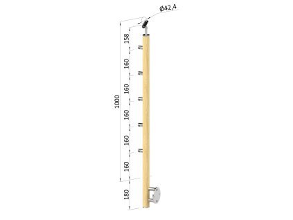 drevený stĺp, bočné kotvenie, 5 radový, priechodný, vonkajší, vrch nastaviteľný (ø 42mm), materiál: buk, brúsený povrch bez náteru (Rozmer A 930, Rozmer B 290)