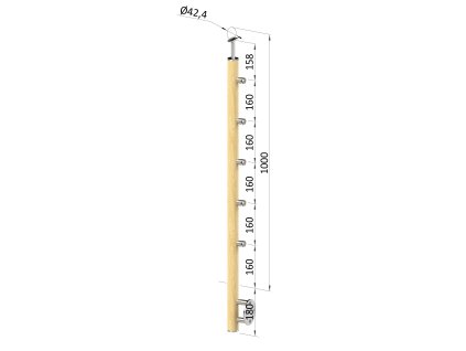 drevený stĺp, bočné kotvenie, 5 radový, priechodný, vnútorný, vrch pevný (ø 42mm), materiál: buk, brúsený povrch s náterom BORI (bezfarebný) (Rozmer A 930, Rozmer B 290)