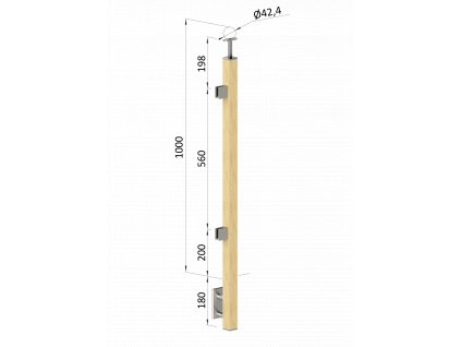 dřevěný sloup, boční kotvení, výplň: sklo, koncový, levý, vrch pevný (40x40mm), materiál: buk, broušený povrch bez nátěru