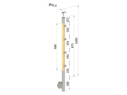 dřevěný sloup, boční kotvení, 4 řadový, průchozí, vnější, vrch pevný (ø 42mm), materiál: buk, broušený povrch bez nátěru