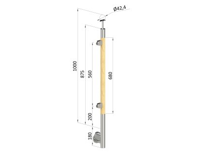 dřevěný sloup, boční kotvení, výplň: sklo, levý, vrch pevný (ø 42mm), materiál: buk, broušený povrch bez nátěru