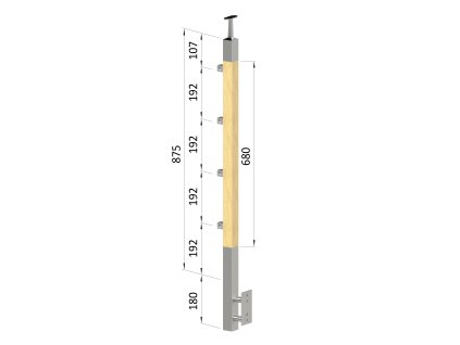 dřevěný sloup, boční kotvení, 4 řadový, průchozí, vnější, vrch pevný (40x40mm), materiál: buk, broušený povrch s nátěrem BORI (bezbarvý)