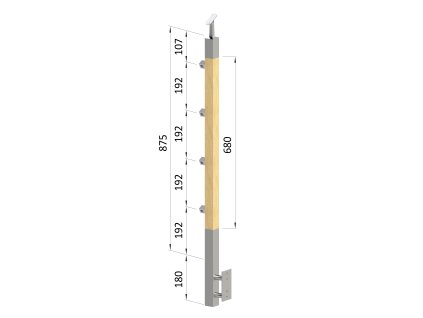 dřevěný sloup, boční kotvení, 4 řadový, průchozí, vnější, vrch nastavitelný (40x40mm), materiál: buk, broušený povrch s nátěrem BORI (bezbarvý)