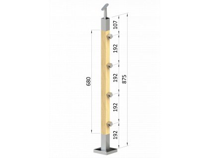 dřevěný sloup, vrchní kotvení, průchozí, 4 řadový, vrch nastavitelný (40x40mm), materiál: buk, broušený povrch s nátěrem BORI (bezbarvý)