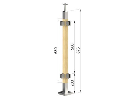 dřevěný sloup, vrchní kotvení, výplň: sklo, rohový, vrch pevný (40x40mm), materiál: buk, broušený povrch bez nátěru