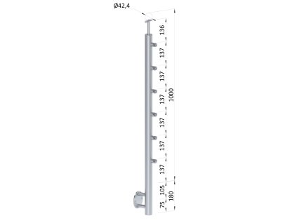 Nerezový sloup, boční kotvení, 6 řadový průchodný, venkovní, vrch pevný (ø 42,4x2 mm), leštěná nerez / AISI304