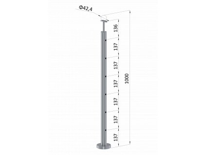 nerezový stĺp, vrchné kotvenie, 6 dierový priechodný, vrch pevný (ø 42.4x2mm), leštená nerez /AISI304 (Priemer výplne 12)