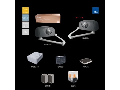 Sada pákových pohonů pro dvoukřídlou bránu do 3m/křídla; 2x HY7024, 1x MC824H, 1x OXIBD, 1pár EPMB, 1x ON2E, 1x ELDC