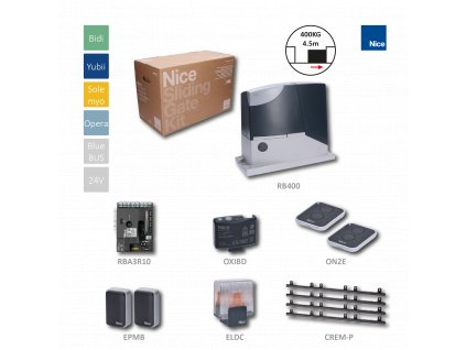 RB400BDKCE+H sada pro posuvnou bránu do 400kg, 1x Robus400 (24V, 250W, 400N), 1x RBA3R10, 2x ON2E, 1x OXIBD, 1 pár EPMB, 1x ELDC, 4x CREM-P