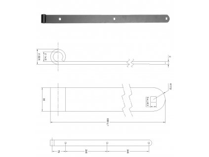 Kování pásové 600x35x4 mm, otvor pro čep ø14 mm, černá barva