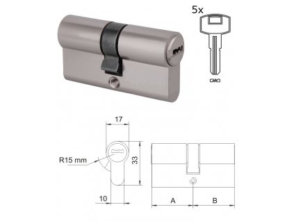 Cylindrická vložka 30x30 mm, niklová, 5 klíčů, šroub M5x65 mm