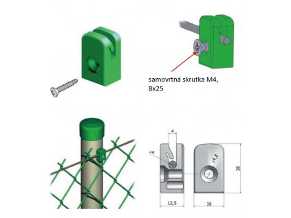 Úchytka napínacího drátu se samořezným šroubem M4, 8x25mm, zelená RAL6005