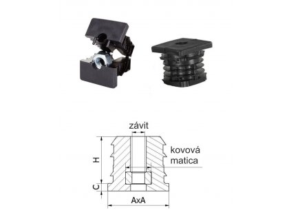 M8, A-40 mm, H-30 mm, C-5 mm, černá, tloušťka stěny 1,5-2 mm, plastová vyztužená zátka na jekl s kovovou maticí, PE