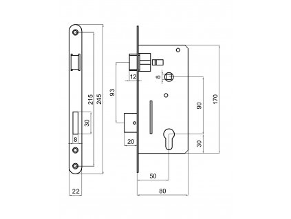 zámok vložkový, zápust 80mm, rozteč 90mm