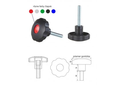 Ovládací šroub, M6x23 mm, plastový; odolný vůči povětrnostním vlivům, ø-30 mm; H-10 mm, D-10 mm; h-10 mm, černý