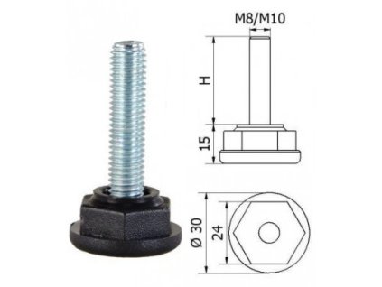 ø-30mm; M10x30mm; H-30mm, Bezkloubová plastová nivelační nožička; závitově-nastavitelná