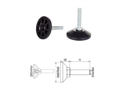 Bezkloubová plastová nivelační nožička; závitově-nastavitelná, ø40 mm; M10x40 mm; H-40 mm, černá