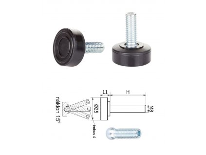 Kloubová plastová nivelační nožička; závitově-nastavitelná, ø25 mm; M8x20 mm; H-20 mm, černá