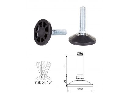 Kloubová plastová nivelační nožička; závitově-nastavitelná, ø50 mm; M12x40 mm; H-40 mm, černá