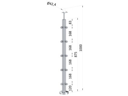 Nerezový sloup, vrchní kotvení, 5 řadový, rohový: 90°, vrch pevný (ø 42.4x2mm), broušená nerez K320 /AISI304