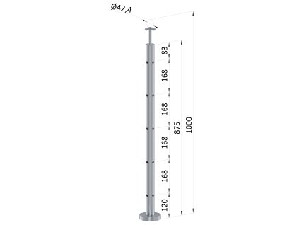 Nerezový sloup, vrchní kotvení, 5 děrový, rohový: 90°, vrch pevný (ø 42.4x2mm), broušená nerez K320 /AISI304