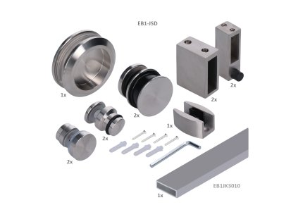 Závěsný systém - set na skleněné dveře pro profil 30x10mm, (tloušťka skla: 8.00 - 12.00mm), set obsahuje 2 metry EB1-JK30x10, broušená nerez K320/AISI 304 broušená nerez K320 /AISI304