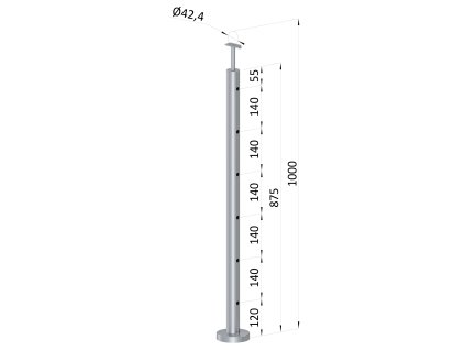 Nerezový sloup, vrchní kotvení, 6 děrový, koncový, vrch pevný (ø 42.4x2mm), broušená nerez K320 /AISI304