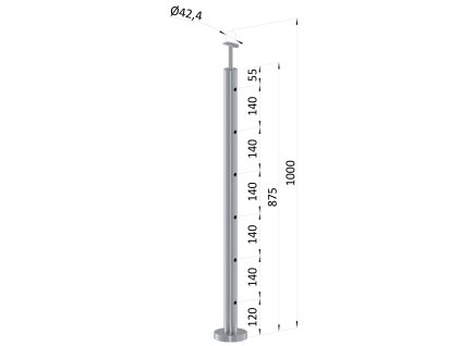 Nerezový sloup, vrchní kotvení, 6 děrový průchozí, vrch pevný (ø 42.4x2mm), broušená nerez K320 /AISI304