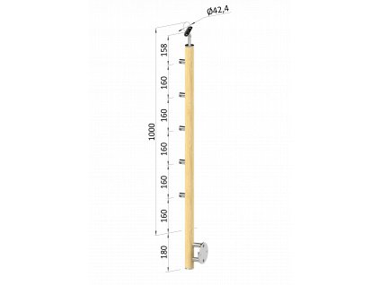 Dřevěný sloup, boční kotvení, 5 řadový, průchozí, vnější, vrch nastavitelný (ø 42mm), materiál: buk, broušený povrch s nátěrem BORI (bezbarvý)