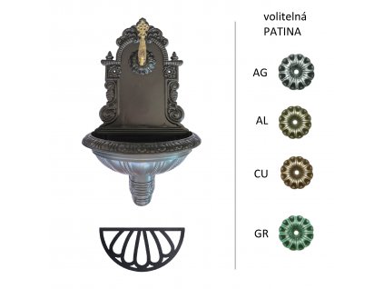 Umyvadlo zahradní nástěnné Al slitina, zelená patina, 710x425x225, mosazný kohoutek 1/2, odtokový otvor ø28mm