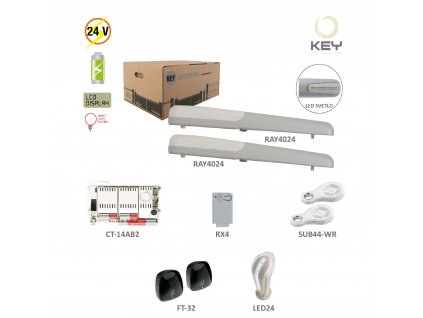 RAY42 KIT pro dvoukřídlou bránu do 4 m/kř., 2x RAY4024 pohon 24V, 120W, 2000N, 2x SUB-44WR, 1x LED24, 1x CT-14AB2, 1x RX4, 1 pár FT-32