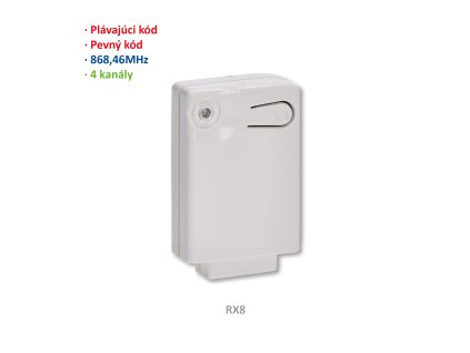 Přijímač interní 4-kanálový (868 MHz), pevný nebo plovoúci kód, paměť: 400 kódů