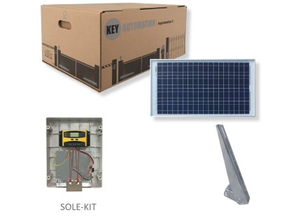 SOLE-KIT Solární KIT pro 24V pohony KEY. KIT obsahuje: 2x baterii, solární panel 30W, řídící jednotku, držák na panel