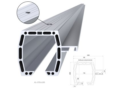 C profil 95x100mm, materiál EN AW-6060 T66, přírodní hliník bez povrchové úpravy, délka 2000mm, cena za kus