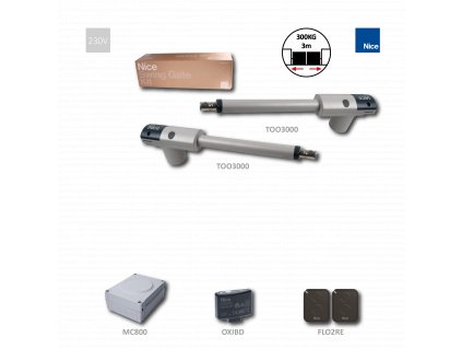 TOO3000KLT sada pohonov pre dvojkrídlovú bránu do 3m/krídlo, 2x TOO3000 (230V, 340W, 2000N), 1x MC800, 1x OXIBD, 2x FLO2RE