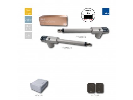 TOO3024KLT sada pohonov pre dvojkrídlovú bránu do 3m/krídlo, 2x TOO3024 (24V, 120W, 1800N), 1x MC424LR10 zo zabudovaným prijímačom, 2x FLO2RE