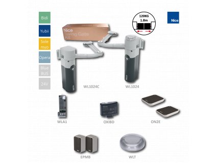 sada pre dvojkrídlovú bránu do 1,8m / krídlo, 1x WL1024, 1x 1024C (24V, 120W, 100Nm), 1x WLA1, 2x ON2E, 1x OXIBD, 1 pár EPMB, 1x WLT