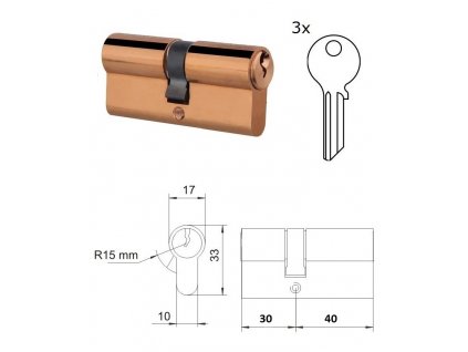 cylindrická vložka EURO 30/40mm, mosadzná, 3 kľúče, skrutka M5x65mm