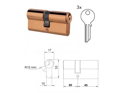 cylindrická vložka EURO 30/45mm, mosadzná, 3 kľúče, skrutka M5x65mm