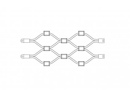 Vzorka nerezovej lankovej siete, 0,8m x 1m (šxd), oko 50x50 mm,hrúbka lanka 2mm,AISI316 s koncovkami EB2-LS2 (hore a dolú),EB2-UL02 (vľavo) a EB2-LPU02 (vpravo)