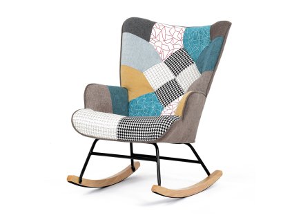 Křeslo houpací, potah patchwork látka, dřevěné nohy, masiv kaučukovník