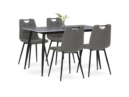 Jídelní set 1+4, stůl 130x70, deska slinutý kámen v imitaci šedého matného mramoru, židle šedá látka, madlo černý lak