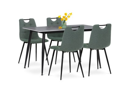 Jídelní set 1+4, stůl 130x70, deska slinutý kámen v imitaci šedého matného mramoru, židle zelená látka, madlo černý lak