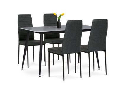 Jídelní set 1+4, stůl 130x70, deska slinutý kámen v imitaci šedého matného mramoru, židle zelená látka, černý lak