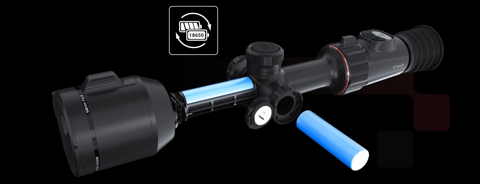 Detail duálního systému napájení s vnitřní baterií a vyměnitelným článkem 18650